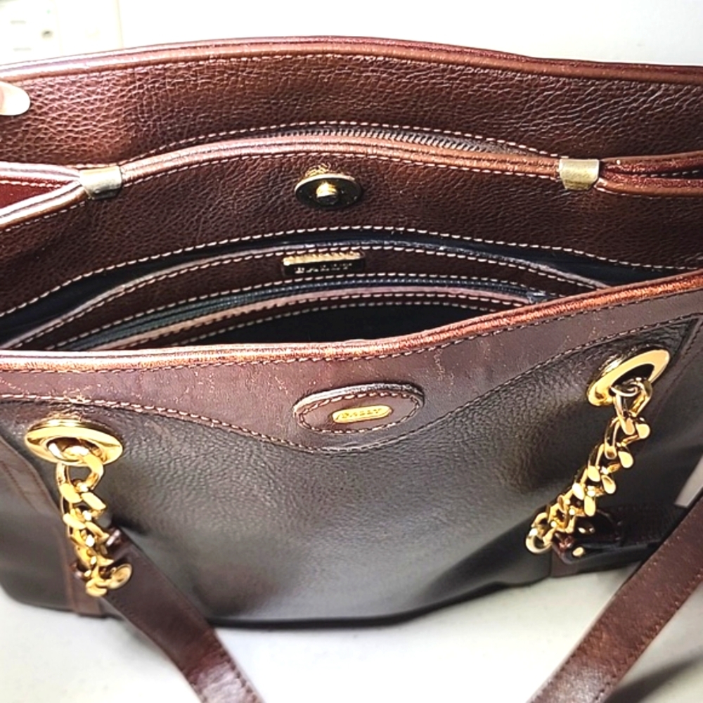 Bally Leather Brown Shoulder Bag, Double Straps. Made In Italy. - Picture 4 of 13